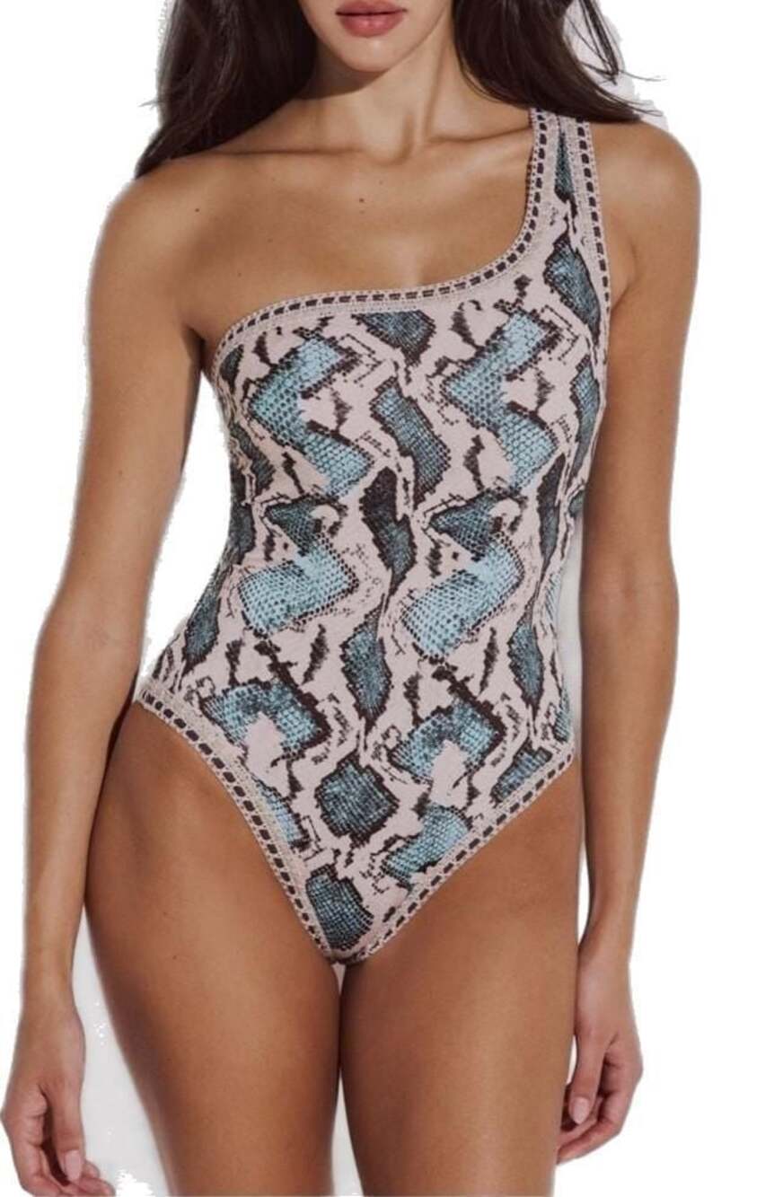LIDA SWIMWEAR One Shoulder Swimsuit Crocheted Blue Snakeskin